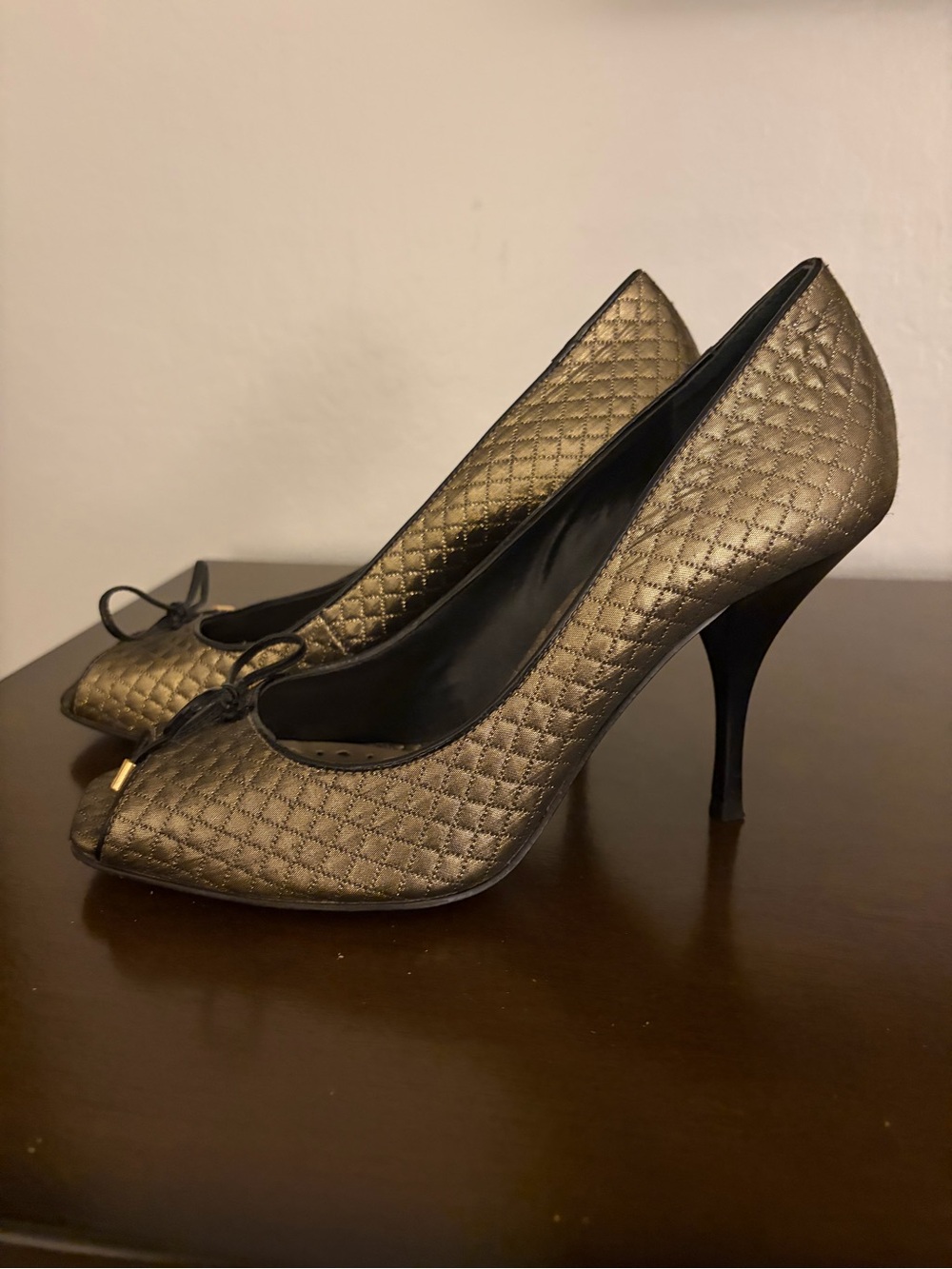 BCBG Quilted Metallic Gold Pointed-Toe Pumps